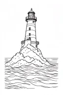 A drawing a linear, simple, and minimalist of a illuminated lighthouse on a peninsula with a raging sea.For small tattoo tattoo design idea