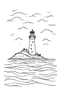A drawing a linear, simple, and minimalist of a illuminated lighthouse on a peninsula with a raging sea.For small tattoo tattoo design idea