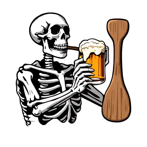 skeleton drinking beer leaning on a mash paddle tattoo design idea