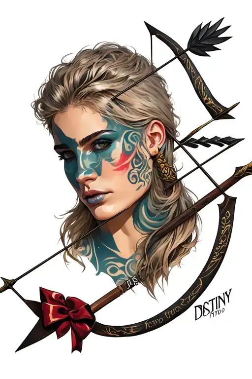 "DESTINY" NECK TATTOO WITH BOW AND ARROW WITH NAME tattoo design idea