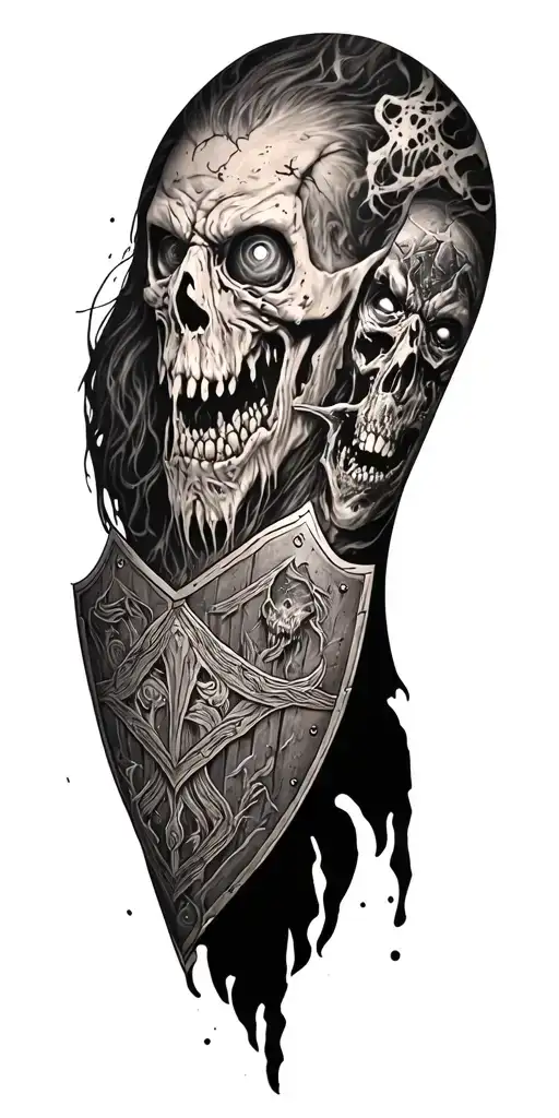 Nordic story sleeve with zombies and a shield wall tattoo design idea