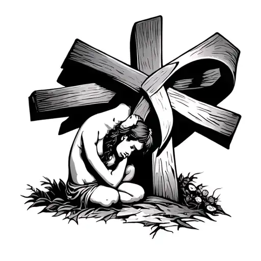 Cancer ribbon ← tied to → Cross w/ Jesus ← tied to → Broken heart	•	Underneath all that: A small child on their knees tattoo design idea