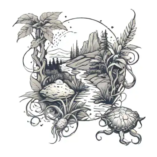 A tattoo design of a hiking trail winding through a landscape filled with horseshoe crabs and growth, representing the client's passion for hiking and marine life tattoo design idea