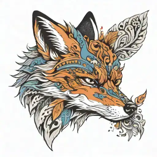 a fox that looks powerful and shows strength and has refrences to native american stuff and italian  tattoo design idea