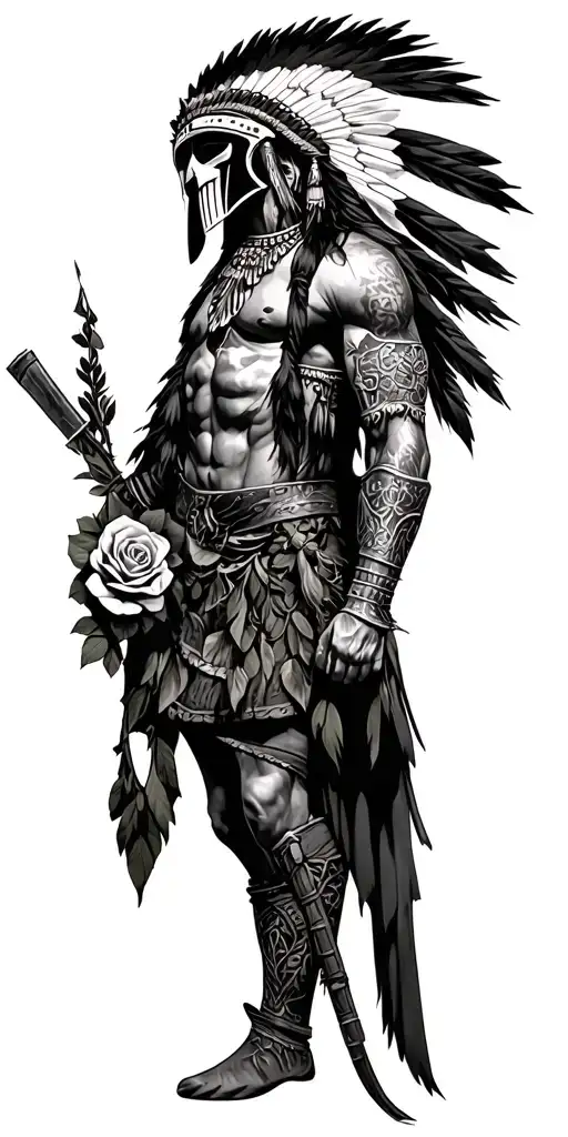 spartan soldier, shawnee indian, skulls and roses  tattoo design idea