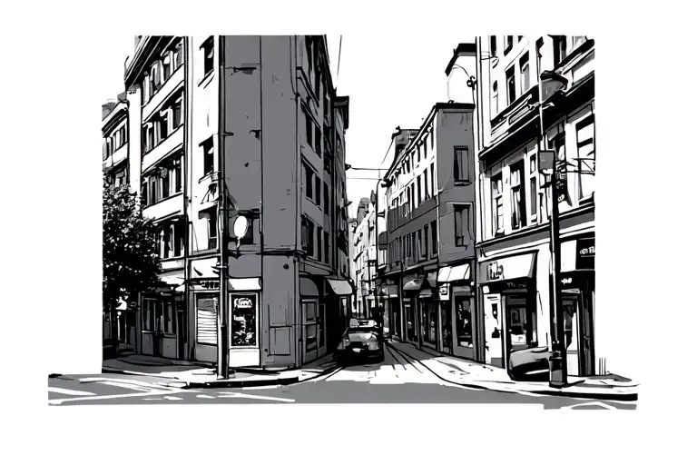 An urban street corner, seen from a slightly oblique perspective, as if the eye were resting a few meters above the grou tattoo design idea