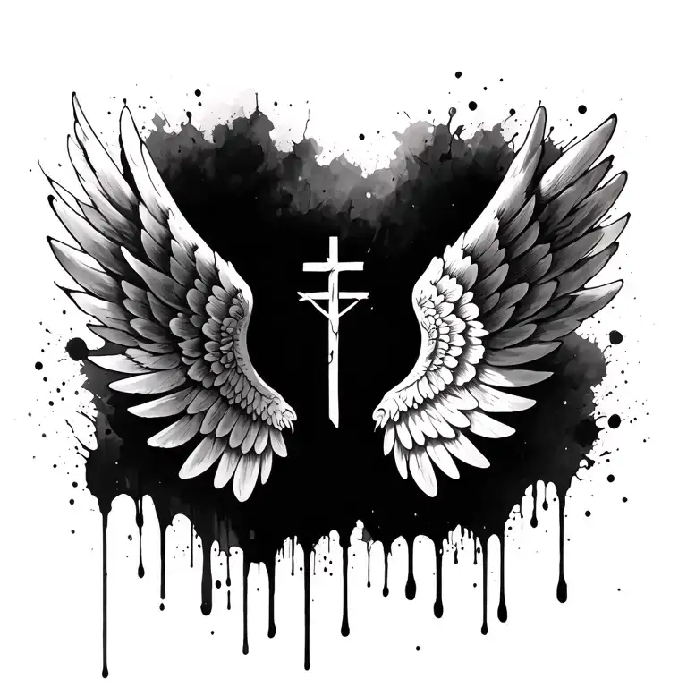 black and white wings and cross without jesus with splash of oil paint tattoo design idea