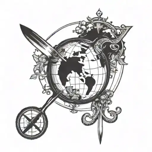 A blackwork tattoo of a fork and knife crossed over a globe, representing the client's love for food and travel tattoo design idea