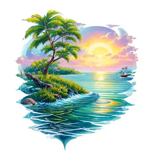 A surrealistic tattoo of an eternal summer scene with water elements intertwined, inspired by the works of Camus, in a neotraditional style tattoo design idea