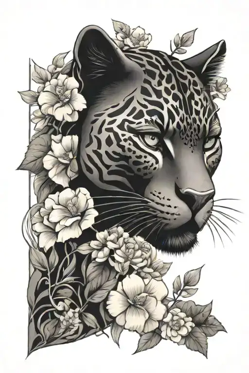 black panther head with flowers wrapping tattoo design idea