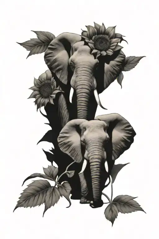 elephant with a trunk up surrounded by sunflowers tattoo design idea