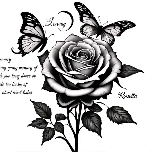 "In loving memory’s of Rosetta " snake and butterfly rose  with Bible verse about losing a loved one intertwined  tattoo design idea