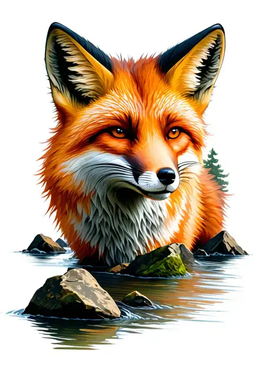 Fox side angle, Stream with Rocks with Pinetrees tattoo design idea