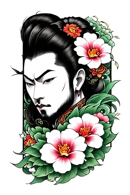 Japanese tradițional Tattoo like yakuza, darker, principal color black, secondary green with flower, wavez, japanese thr tattoo design idea