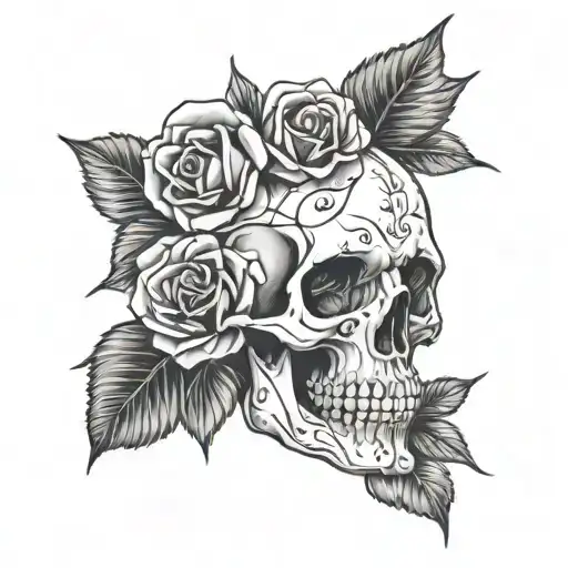 skull facing up front and roses  tattoo design idea