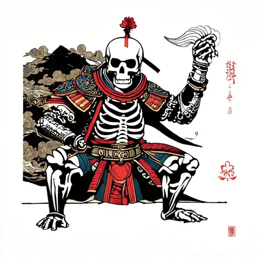 Tattoo design in Japanese irezumi style with a samurai skeleton wearing Andean-style armor. Integrate Ecuadorian indigen tattoo design idea