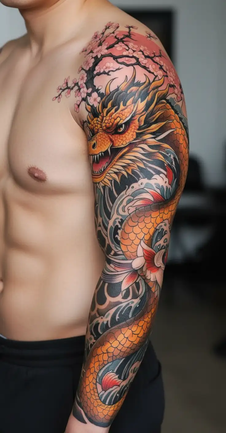 A fierce dragon and koi fish emerging from the ocean waves with cherry blossom trees in the background tattoo design idea