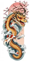 A fierce dragon and koi fish emerging from the ocean waves with cherry blossom trees in the background tattoo design idea