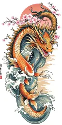 A fierce dragon and koi fish emerging from the ocean waves with cherry blossom trees in the background tattoo design idea
