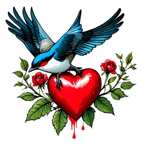 A SWALLOW BIRD CARRYING A BLEEDING HEART tattoo design idea