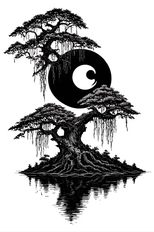willow tree in dark moon and pond tattoo design idea