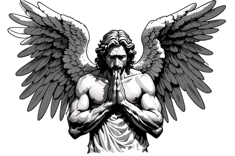 male Angel praying and crying looking to heaven gates tattoo design idea