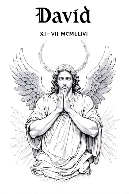 David   ← top, big font  XI-VI-MCMLVI  ← directly under "David"  [Realistic angel praying] tattoo design idea