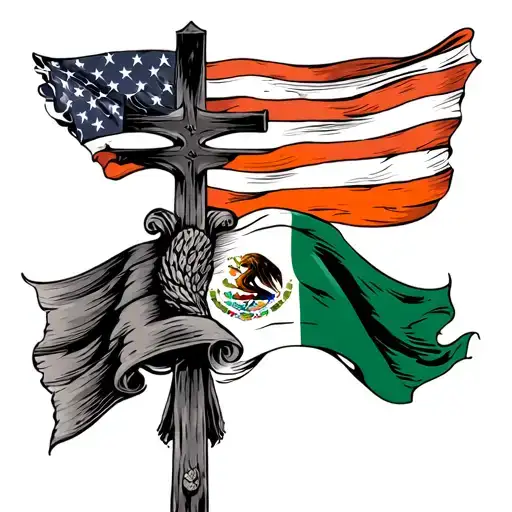 cross with the american flag on top and the mexican flag on the right and irish flag on the left side tattoo design idea