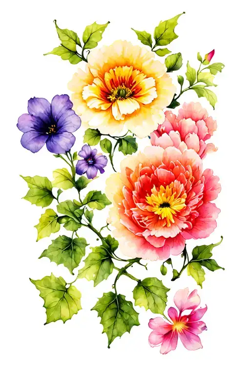english ivy vine with the flowers Violet,sakura,marigold,lily bud,peony,morning glory,cosmo wrapped around the arm tattoo design idea