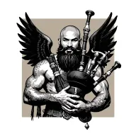 scottish bagpiper bald black beard  muscular wearing pipes in arm big black wings shirtless tattoo happy tattoo design idea