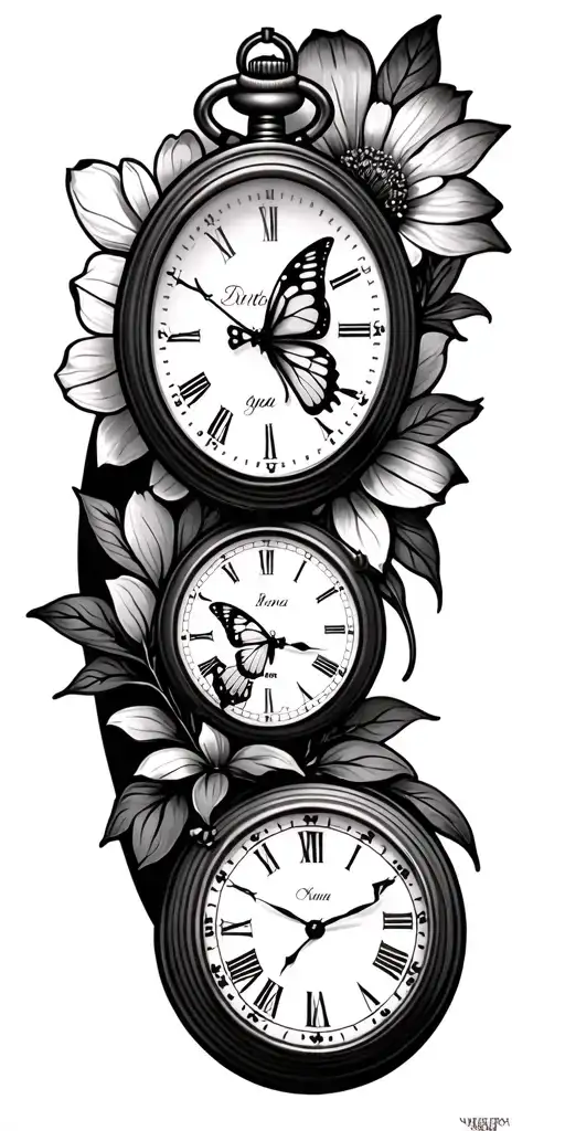 flowers, butterflies, pocket watch, kids names incorporated tattoo design idea
