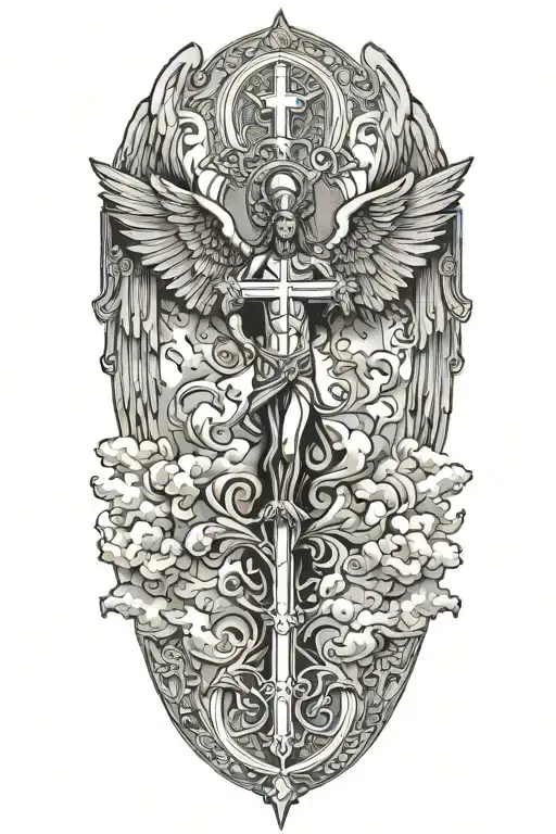 Cross and Clouds with an Archangel tattoo design idea