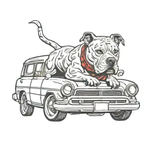 a bully pitbull standing in front of a car driving tattoo design idea