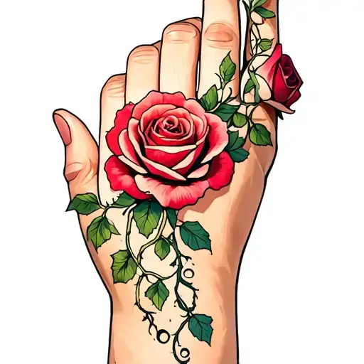 roses going up my hand to my wrist and vines going down my fingers tattoo design idea