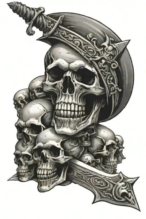 pile of skulls with sword sticking out tattoo design idea
