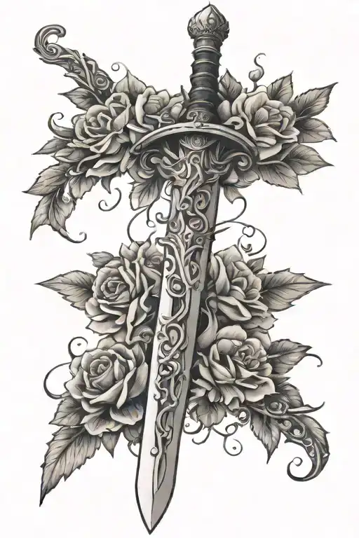 sword, flowers, vines wrapped, spine tattoo design idea