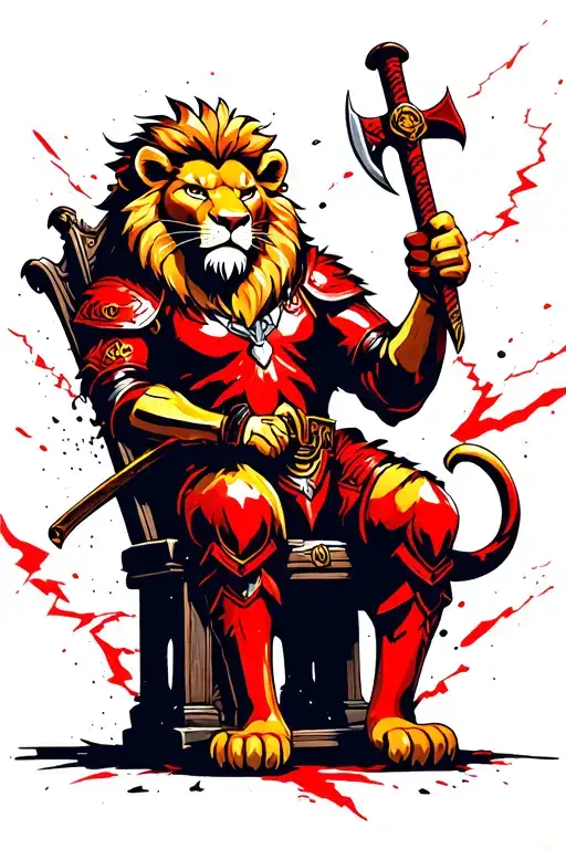 A lion king holding a sword and an axe. Wearing red armor and sitting on a throne. Lightning in the background. tattoo design idea
