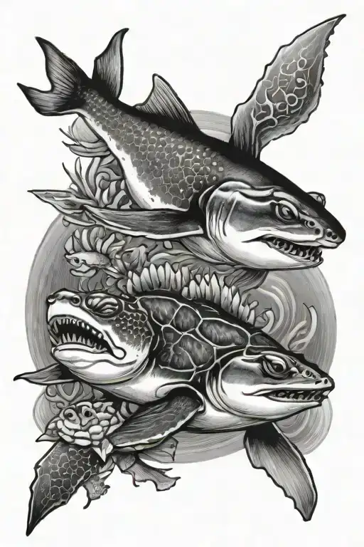 baby shark, ray, turtle, pufferfish, anemonefish tattoo design idea