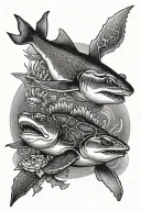 baby shark, ray, turtle, pufferfish, anemonefish tattoo design idea