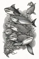 baby shark, ray, turtle, pufferfish, anemonefish tattoo design idea