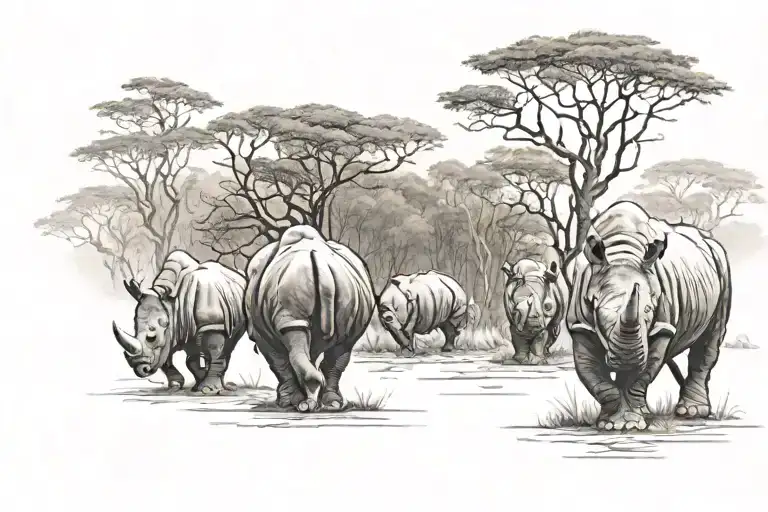 A herd of rhinos walking with their backs turned through a forest  tattoo design idea