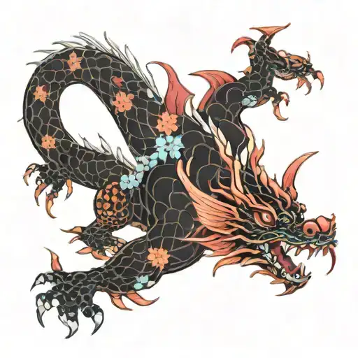 A dainty delicate red dragon made of cherry blossoms and black Koi with wisps of water and blue tattoo design idea
