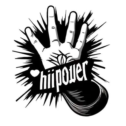 "hiiipower" a hand with 3 fingers ( index middle and ring) up (spread comfortably) with the word hiiipower under it tattoo design idea