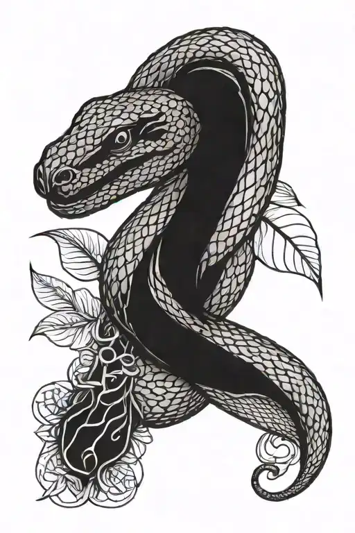 BLACK EVIL SNAKE ENTWINED WITH A COCOA TREE BRANCH tattoo design idea