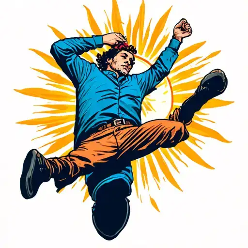 cartoon man falling from the sun into a concrete jungle tattoo design idea