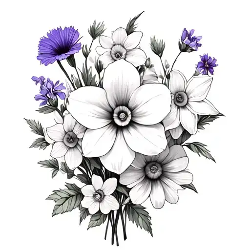 A bouquet of these flowers daffodil morning glory. violets and primroses.&nbsp;rose cosmos aster narcissus daisy with a butte tattoo design idea