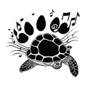 two dog paw prints with music notes on the left and a sea turtle on the right tattoo design idea