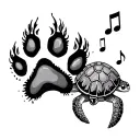 two dog paw prints with music notes on the left and a sea turtle on the right tattoo design idea