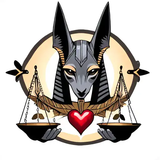 Anubis holding scales with a heart on one side of the scale and a feather on the other side of the scale for the neck tattoo design idea