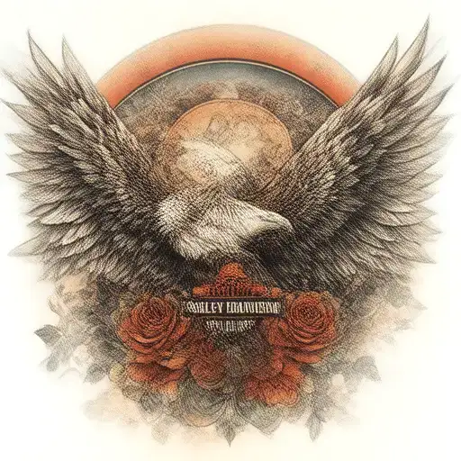 Harley Davidson emblem, eagle wings, roses tattoo design idea